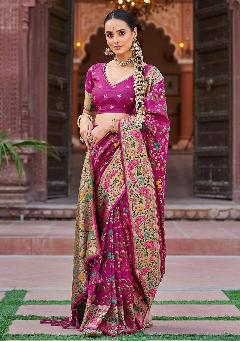Pink Solid Silk Blend Saree Set for Diwali and Festive Wear - Indya