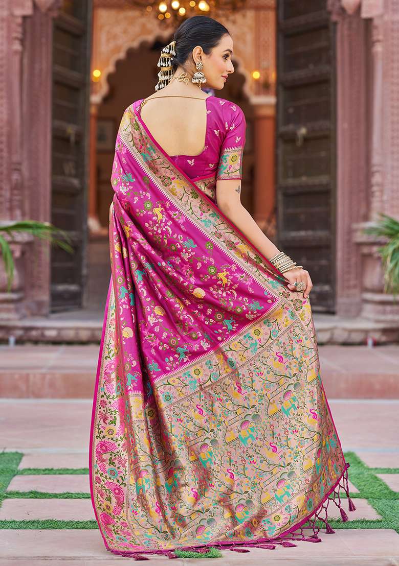 Pink Solid Silk Blend Saree Set for Diwali and Festive Wear - Indya