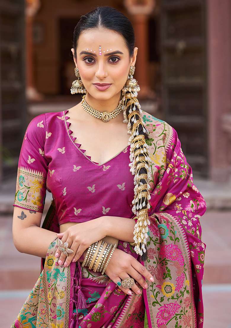 Pink Solid Silk Blend Saree Set for Diwali and Festive Wear - Indya