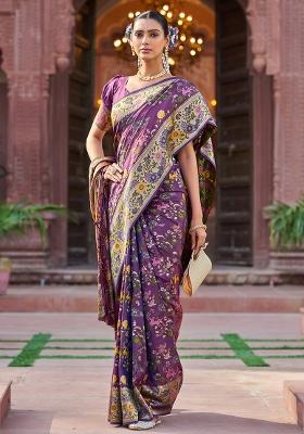 Purple Solid Silk Blend Saree Set
