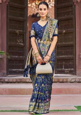Blue Solid Silk Blend Saree Set