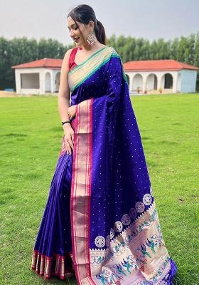 Blue Solid Silk Saree Set