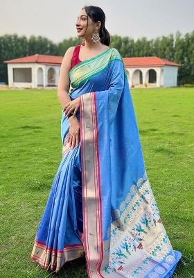 Firozi Blue Solid Silk Saree Set