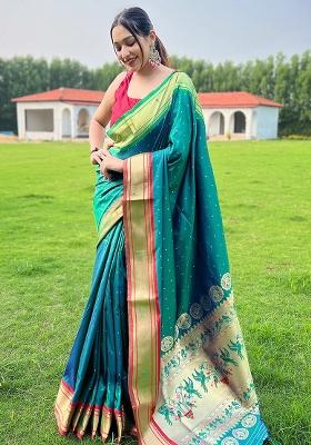 Firozi Blue Solid Silk Saree Set