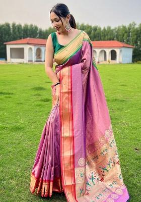 Pink Solid Silk Saree Set