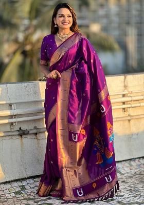 Purple Solid Silk Blend Saree Set