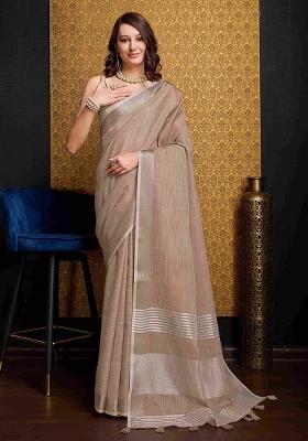 Cream Solid Linen Saree Set