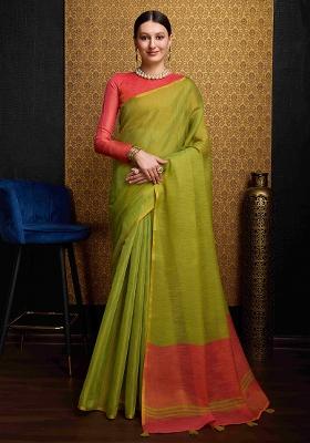 Green Solid Linen Saree Set