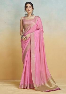 Pink Solid Silk Saree Set