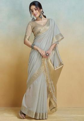 Grey Solid Silk Saree Set