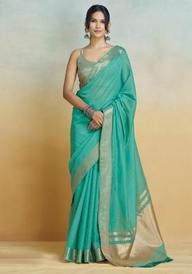 Firozi Blue Solid Silk Saree Set