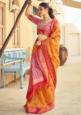 Orange Solid Silk Saree Set
