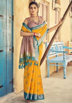 Yellow Solid Silk Saree Set