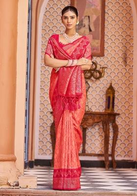 Red Solid Silk Saree Set