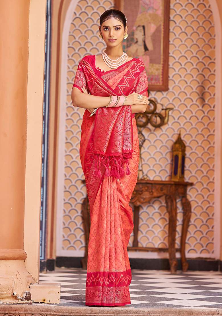 Red Solid Silk Saree Set for Diwali and Festive Wear - Indya