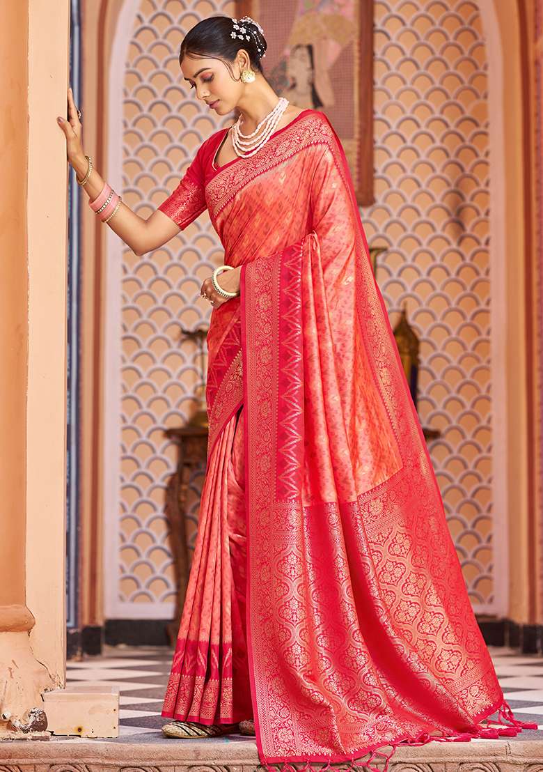 Red Solid Silk Saree Set for Diwali and Festive Wear - Indya