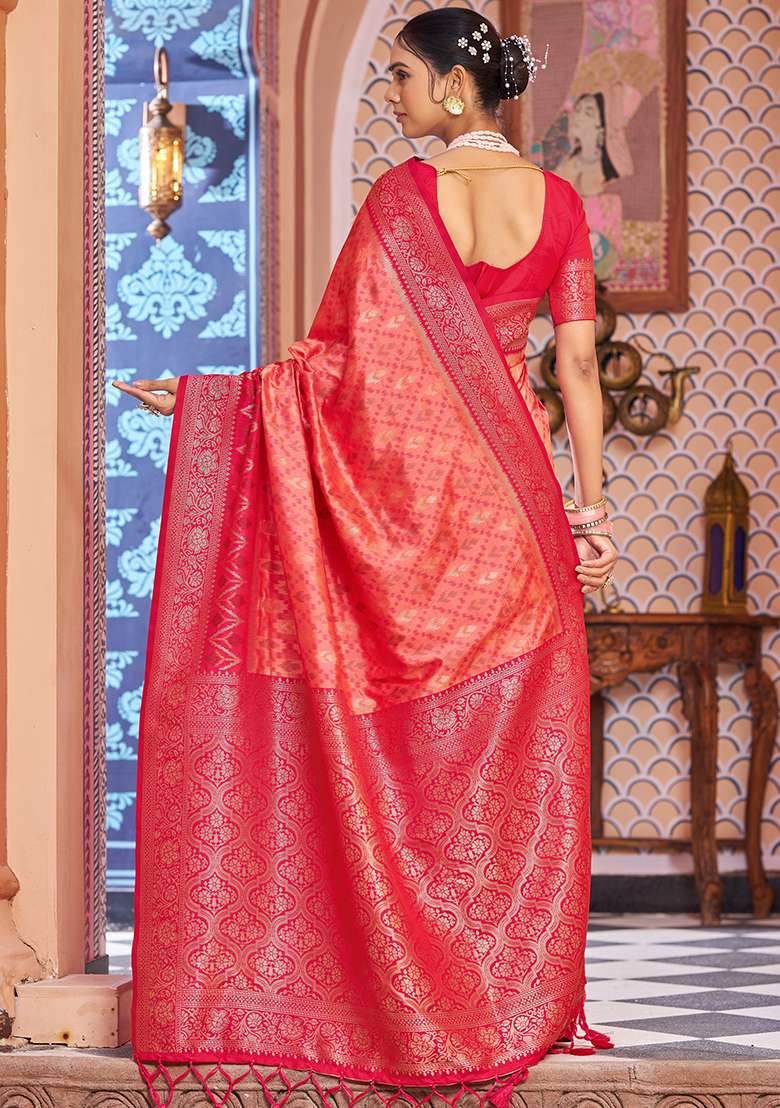 Red Solid Silk Saree Set for Diwali and Festive Wear - Indya