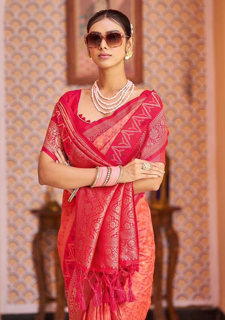 Red Solid Silk Saree Set for Diwali and Festive Wear - Indya