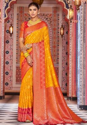 Yellow Solid Silk Saree Set