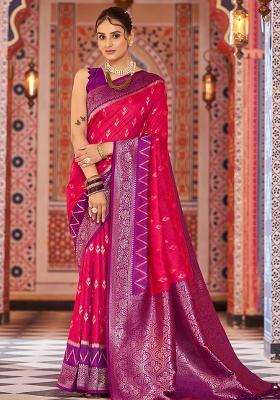 Pink Solid Silk Saree Set