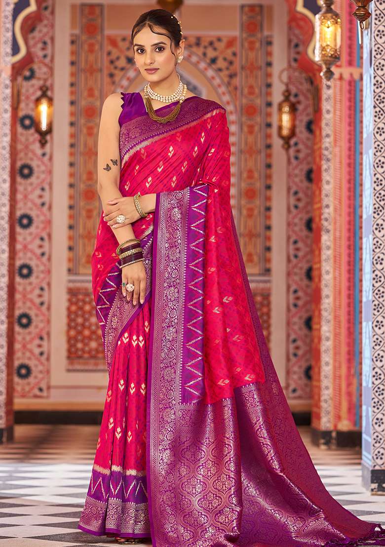Pink Solid Silk Saree Set for Diwali and Festive Wear - Indya