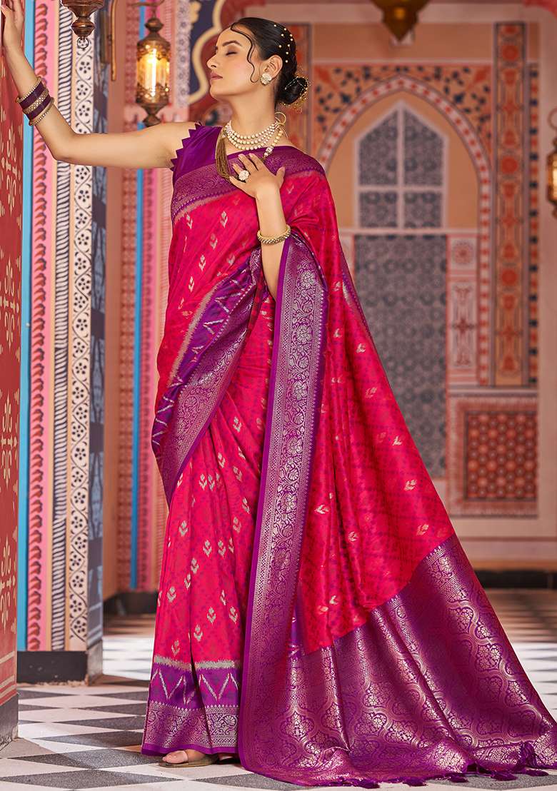 Pink Solid Silk Saree Set for Diwali and Festive Wear - Indya