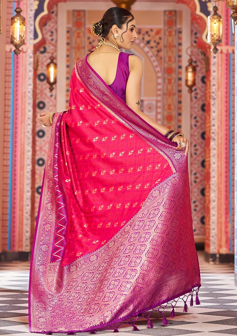 Pink Solid Silk Saree Set for Diwali and Festive Wear - Indya
