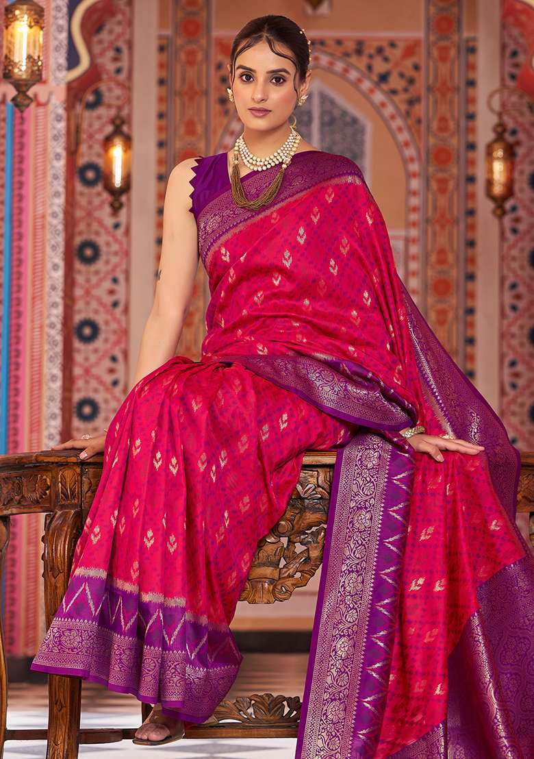 Pink Solid Silk Saree Set for Diwali and Festive Wear - Indya