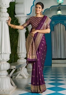 Purple Solid Silk Blend Saree Set