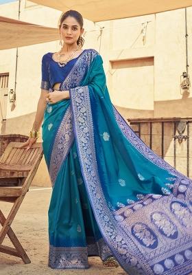 Firozi Blue Solid Silk Saree Set