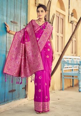 Pink Solid Silk Saree Set