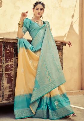 Yellow Solid Silk Saree Set