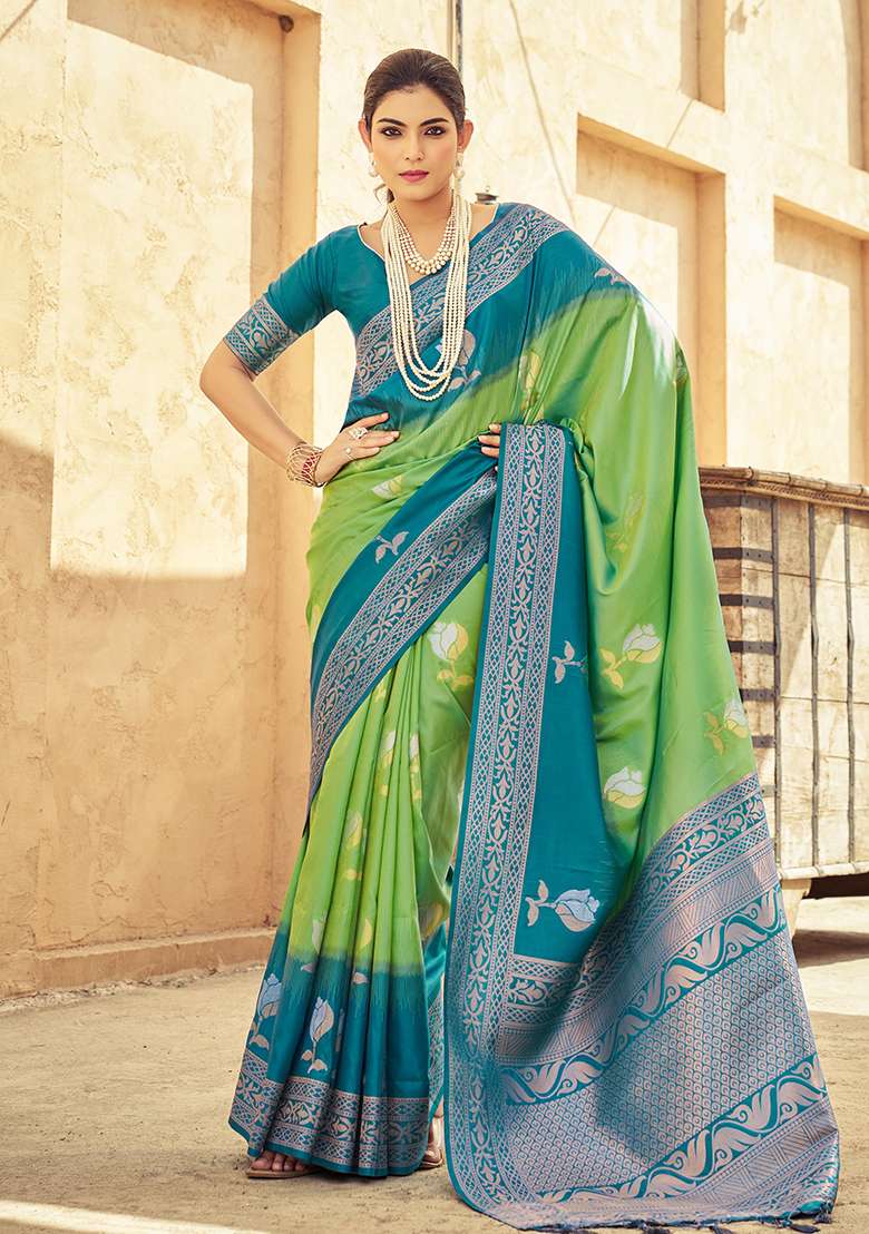 Green Solid Silk Saree Set for Diwali and Festive Wear - Indya