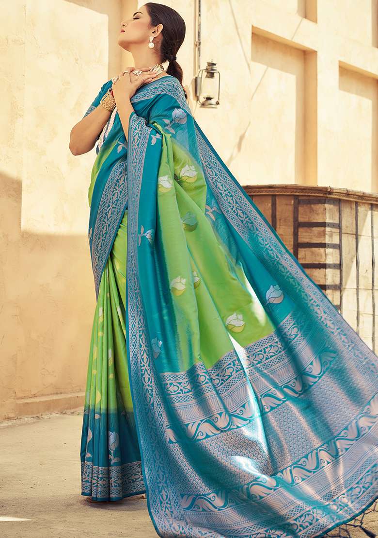 Green Solid Silk Saree Set for Diwali and Festive Wear - Indya
