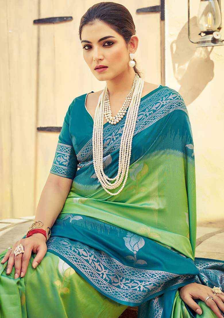 Green Solid Silk Saree Set for Diwali and Festive Wear - Indya