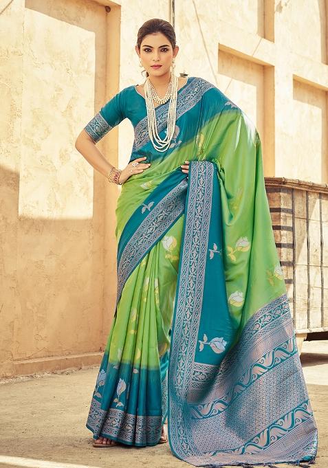 Green Solid Silk Saree Set