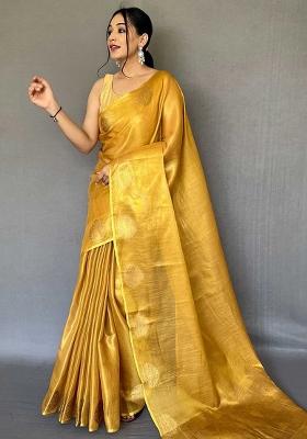 Yellow Solid Silk Saree Set