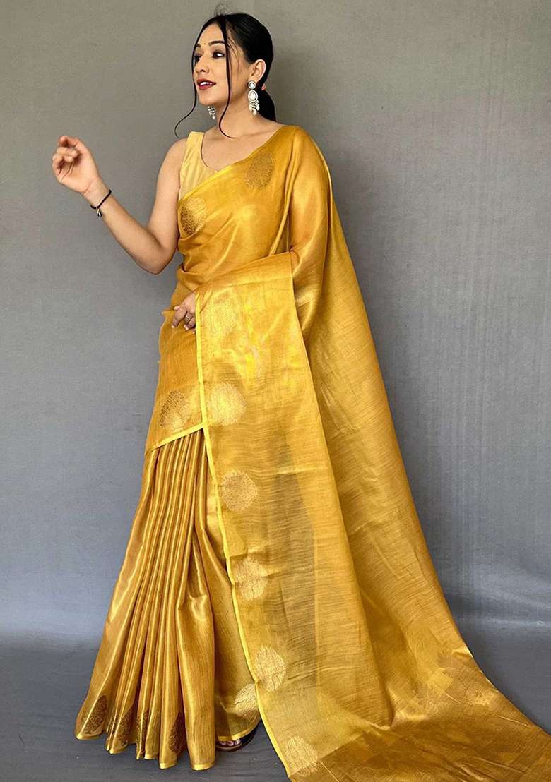 Yellow Solid Silk Blend Saree Set for Diwali | Wedding & Festive Wear - Indya