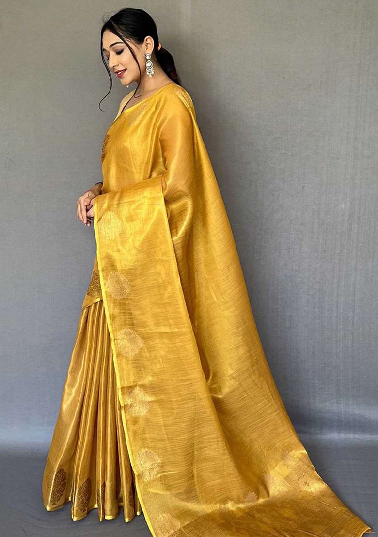 Yellow Solid Silk Blend Saree Set for Diwali | Wedding & Festive Wear - Indya