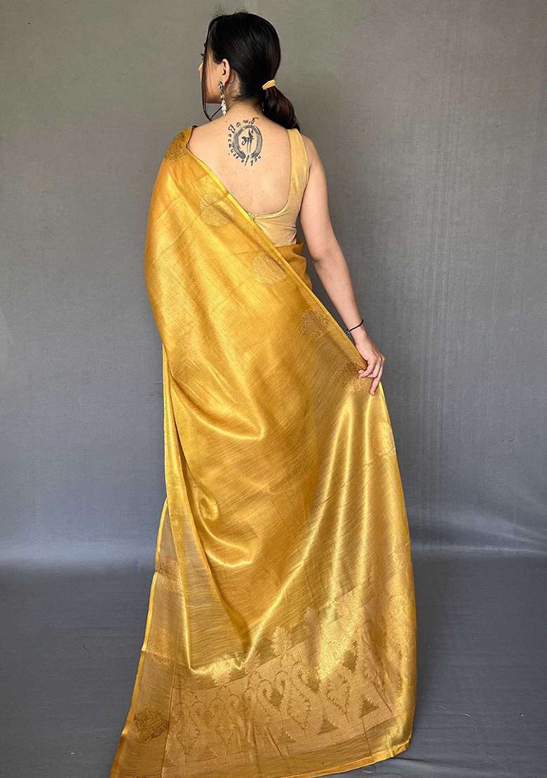 Yellow Solid Silk Blend Saree Set for Diwali | Wedding & Festive Wear - Indya