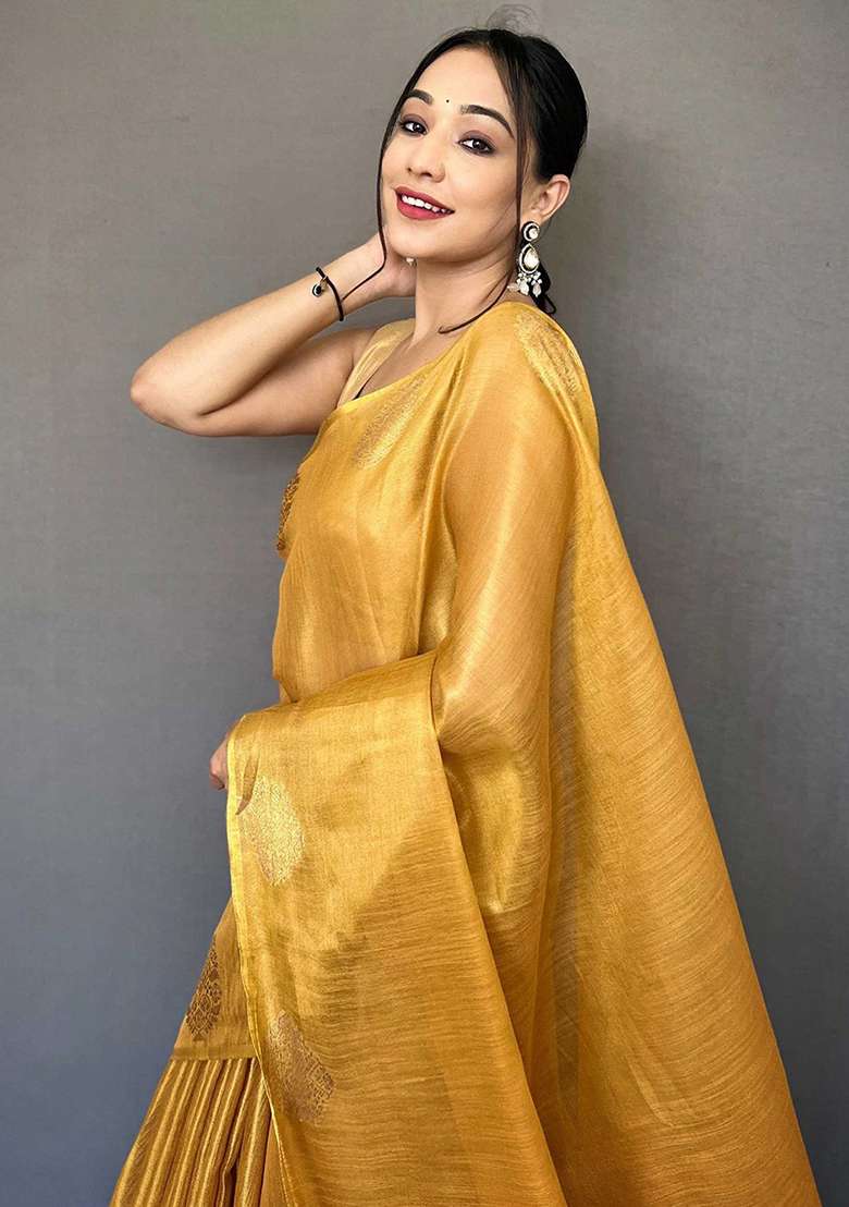 Yellow Solid Silk Blend Saree Set for Diwali | Wedding & Festive Wear - Indya