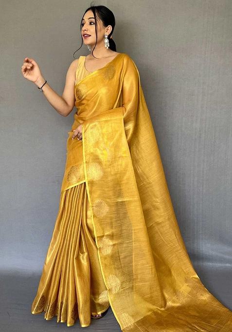 Yellow Solid Silk Saree Set