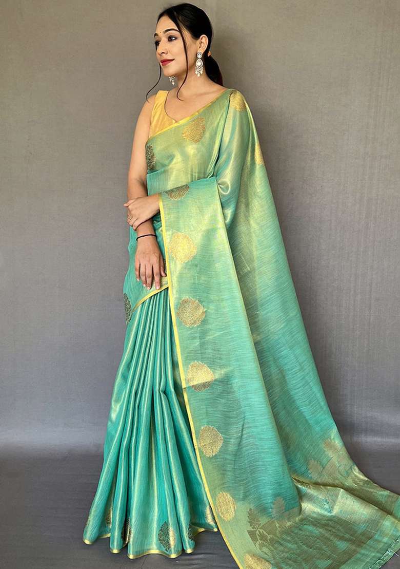 Firozi Blue Solid Silk Blend Saree Set for Diwali | Wedding & Festive Wear - Indya