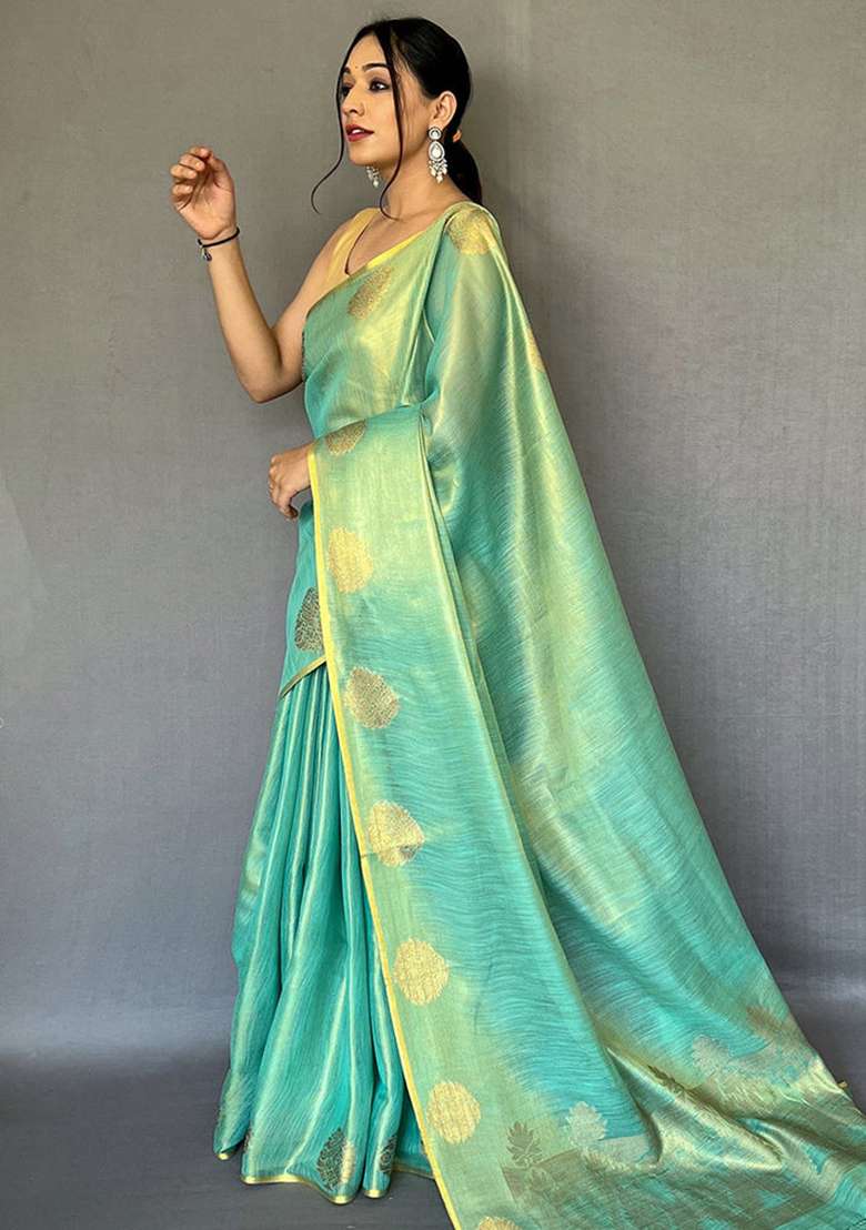 Firozi Blue Solid Silk Blend Saree Set for Diwali | Wedding & Festive Wear - Indya