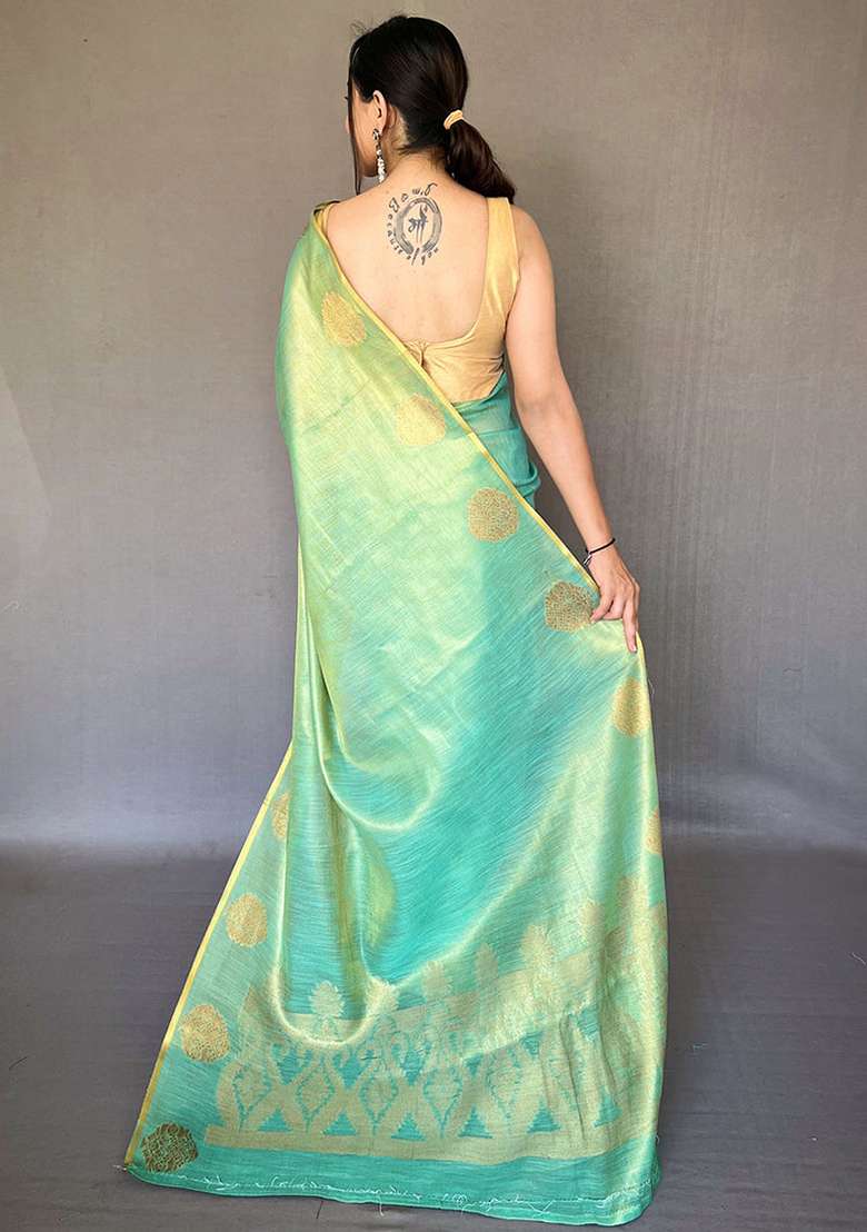 Firozi Blue Solid Silk Blend Saree Set for Diwali | Wedding & Festive Wear - Indya