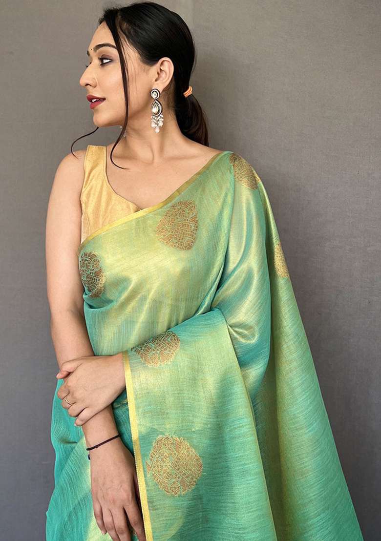Firozi Blue Solid Silk Blend Saree Set for Diwali | Wedding & Festive Wear - Indya