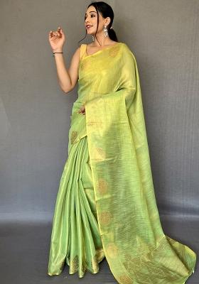 Green Solid Silk Saree Set