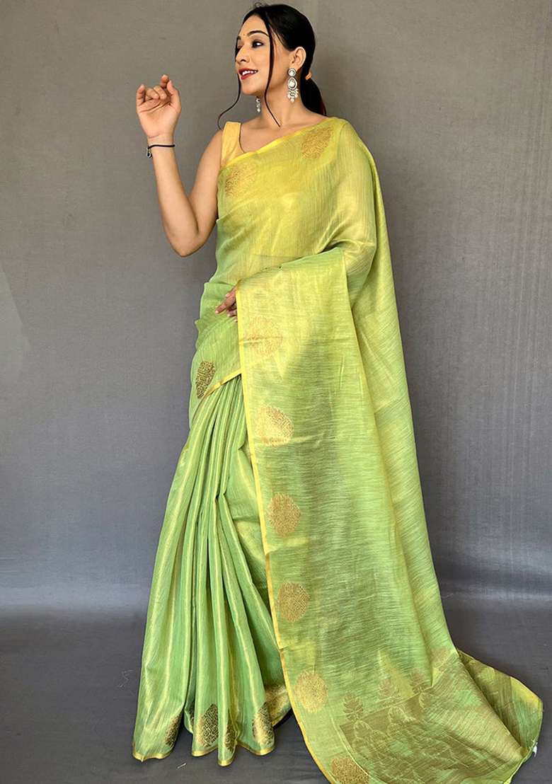 Green Solid Silk Blend Saree Set for Diwali | Wedding & Festive Wear - Indya