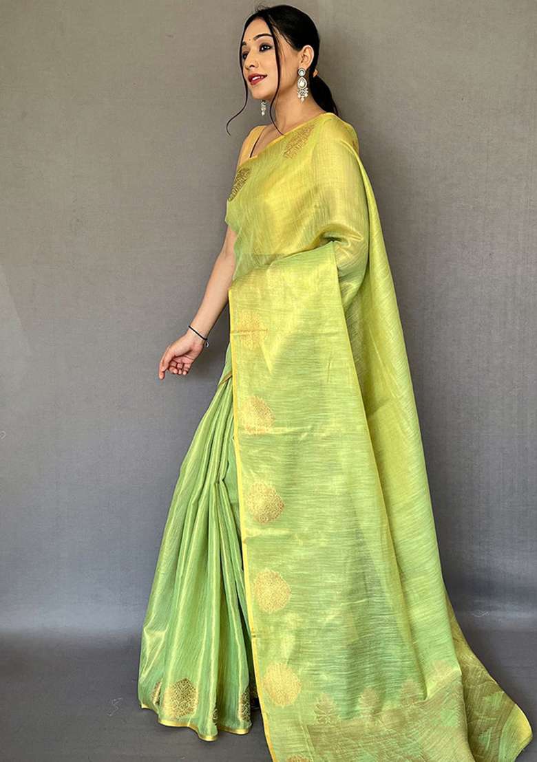Green Solid Silk Blend Saree Set for Diwali | Wedding & Festive Wear - Indya