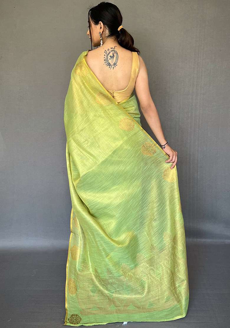 Green Solid Silk Blend Saree Set for Diwali | Wedding & Festive Wear - Indya